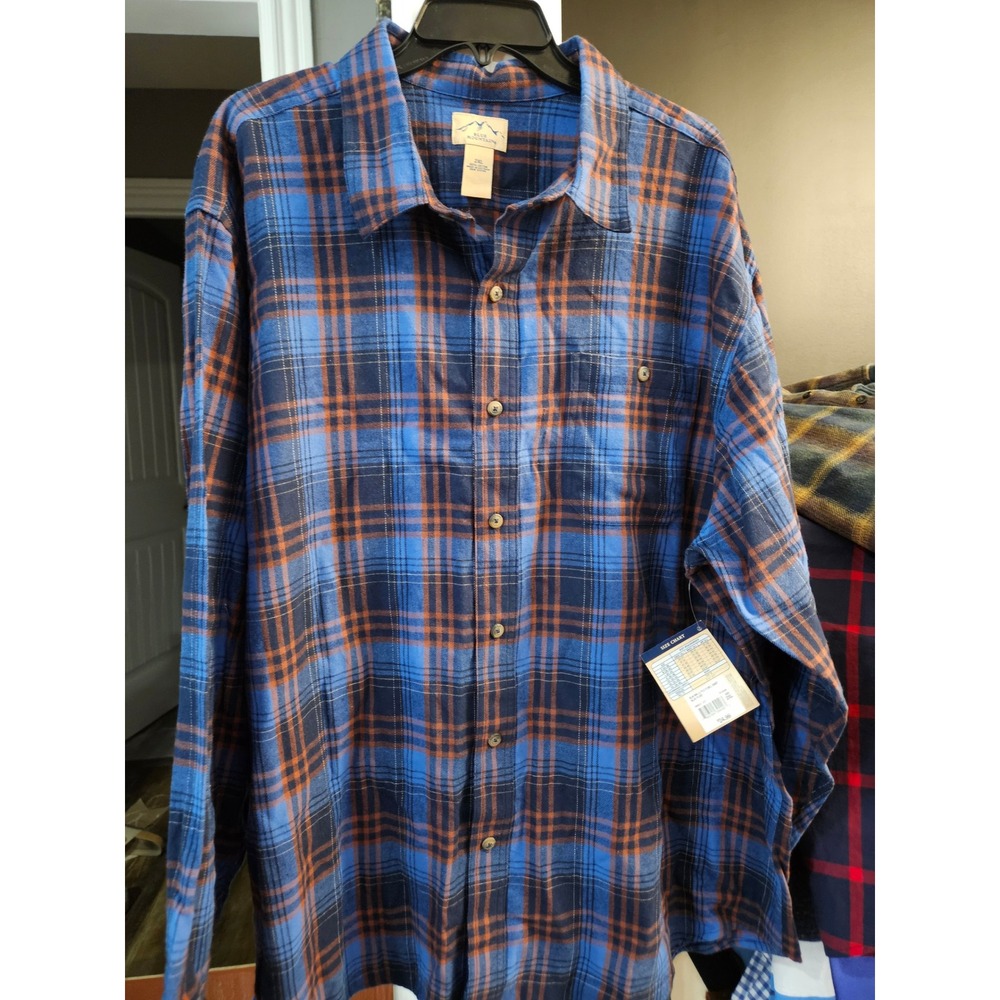 Blue Mountain Mens 2XL Plaid Flannel Shirt Long Sleeve Button Up Blue Orange